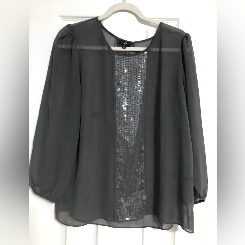 Talbots semi sheer sequined blouse grey women’s size 12 party holiday new years